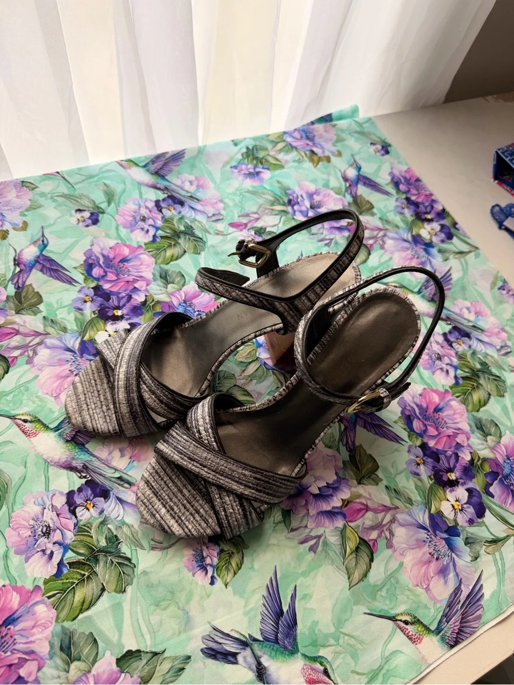 Stuart Weitzman Gray Textured Strappy Block Heel Sandals